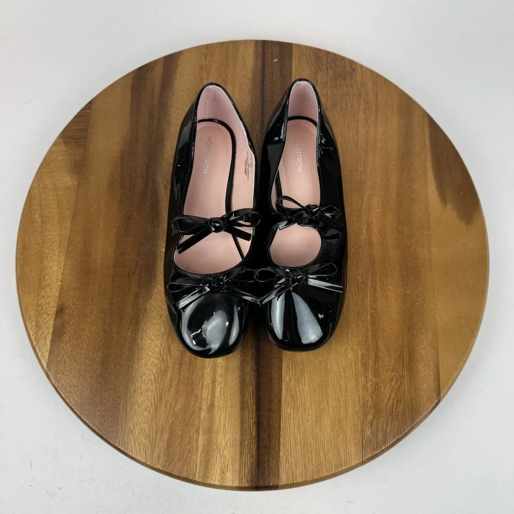 New Big Kids Girls Nordstrom Elodie Black Bow‎ Mary Jane Ballet Flats Size 4 Y